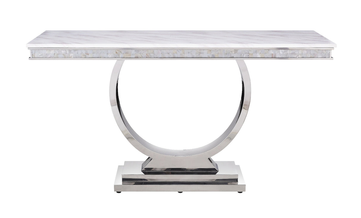 Acme - Zander Sofa Table 87359 White Printed Faux Marble Top & Mirrored Silver Finish