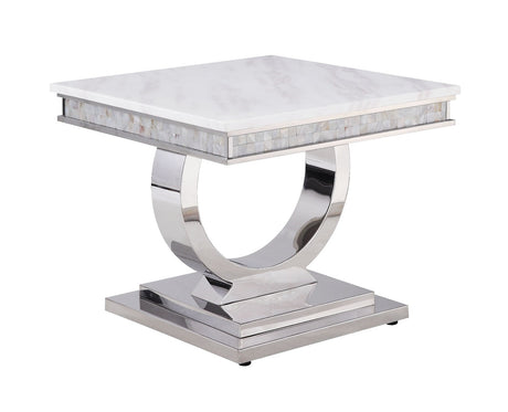 Acme - Zander End Table 87363 White Printed Faux Marble Top & Mirrored Silver Finish