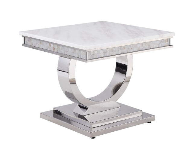Acme - Zander End Table 87363 White Printed Faux Marble Top & Mirrored Silver Finish
