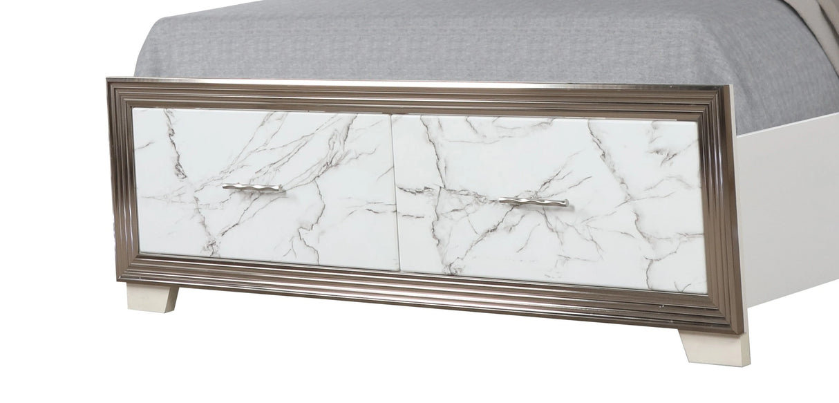 Desire King 4-Piece Bedroom Set – LED Upholstered Bed, Dresser, Mirror, and Nightstand with Marble-Inspired Accents and Sleek Metallic Trim for a Chic Modern Look(CA INVENTORY) - sold by Home Elegance USA