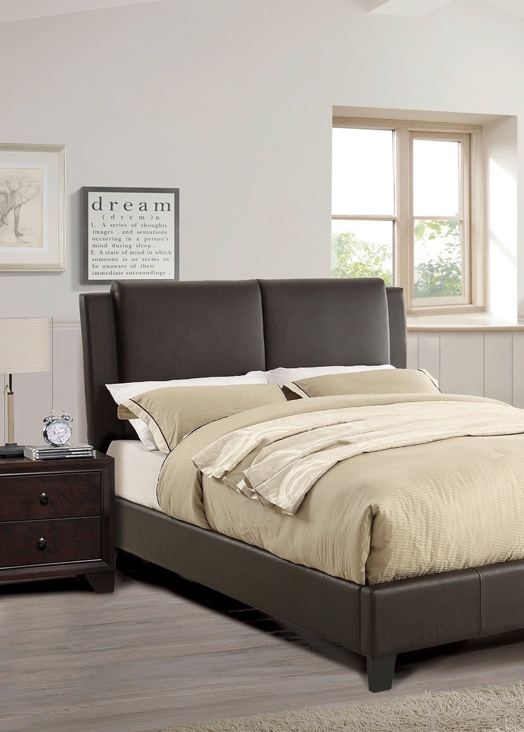 California King Size Bed 1pc Bed Set Brown Faux Leather Upholstered Two - Panel Bed Frame Headboard Bedroom Furniture | Home Elegance USA