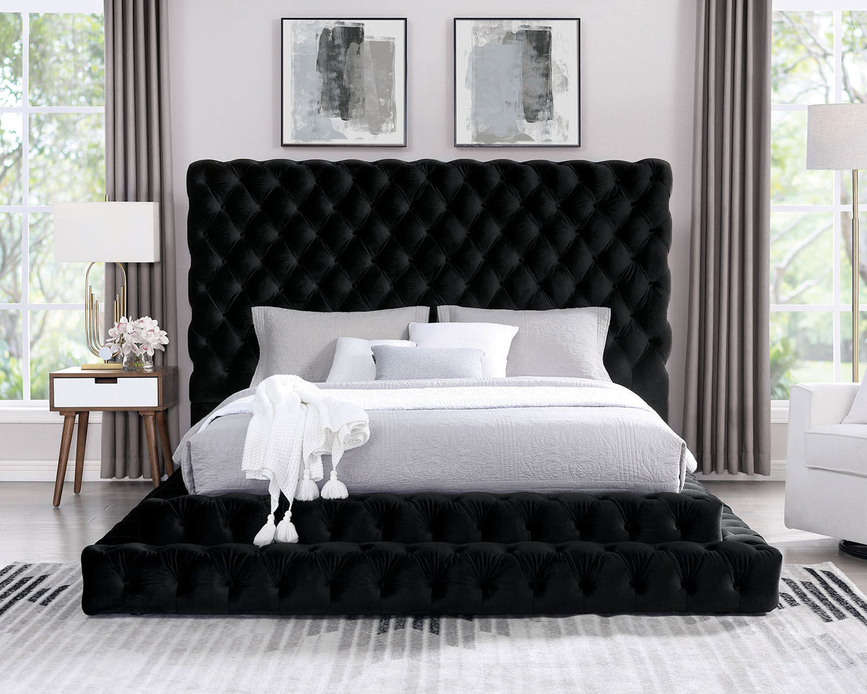 Fully Upholstered Frame Black 1pc Eastern King Size Bed Tufted Oversized Headboard Bedroom Furniture Platform Bed