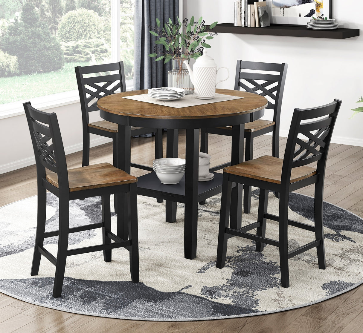 Juego de comedor de 5 piezas con altura de mostrador, mesa redonda con espacio de almacenamiento y 4 sillas altas, muebles de madera con acabado en dos tonos negro y marrón.