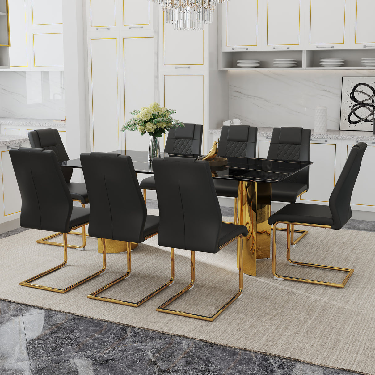 Table and chair set.The table has a glass tabletop with imitation marble pattern sticker and stainless steel golden legs.Paried with 8 Black comfortable chairs with PU seats and metal legs.W1151S01514