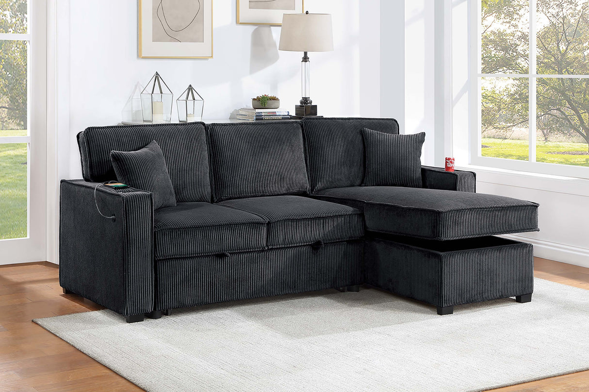 Contemporary Style Convertible Sectional Cup Holder USB And USB-C Port Storage Chaise Matching Pillows Pull Out Extension Black Finish Primary Living Room