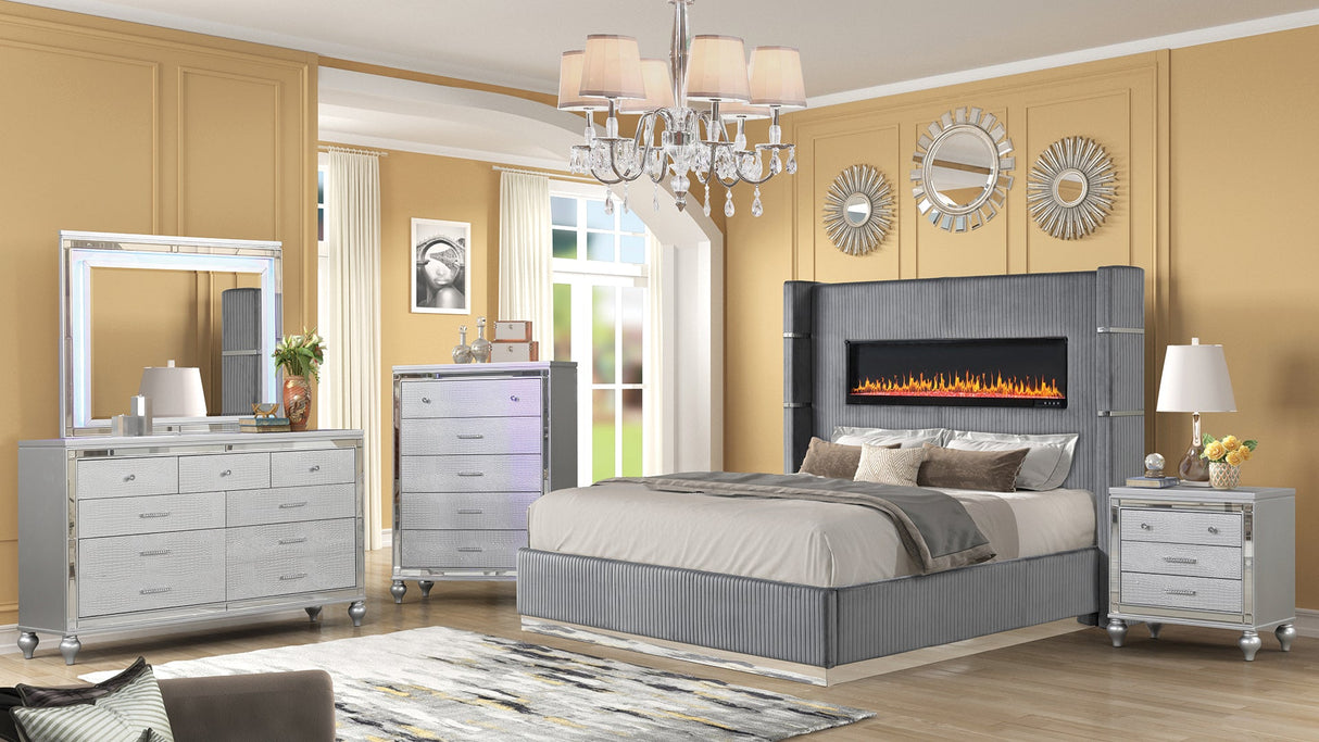 LIZZELLE Upholstery Wooden King 5 PC Bedroom set with Ambient lighting in Gray Velvet Finish(CA INVENTORY) - sold by Home Elegance USA