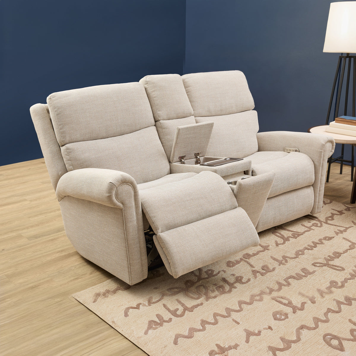 Bernard Power Fabric Reclining Loveseat With Console, Power Headrest, & Lumbar | Flexsteel
