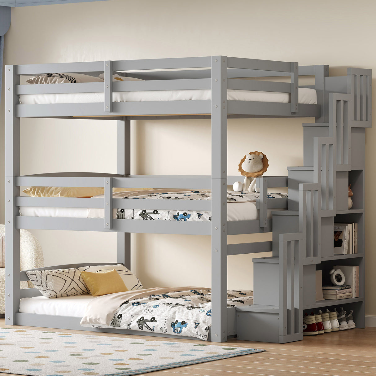 Full Size Triple Bunk Bed with Storage Staircase,Separate Design,Gray