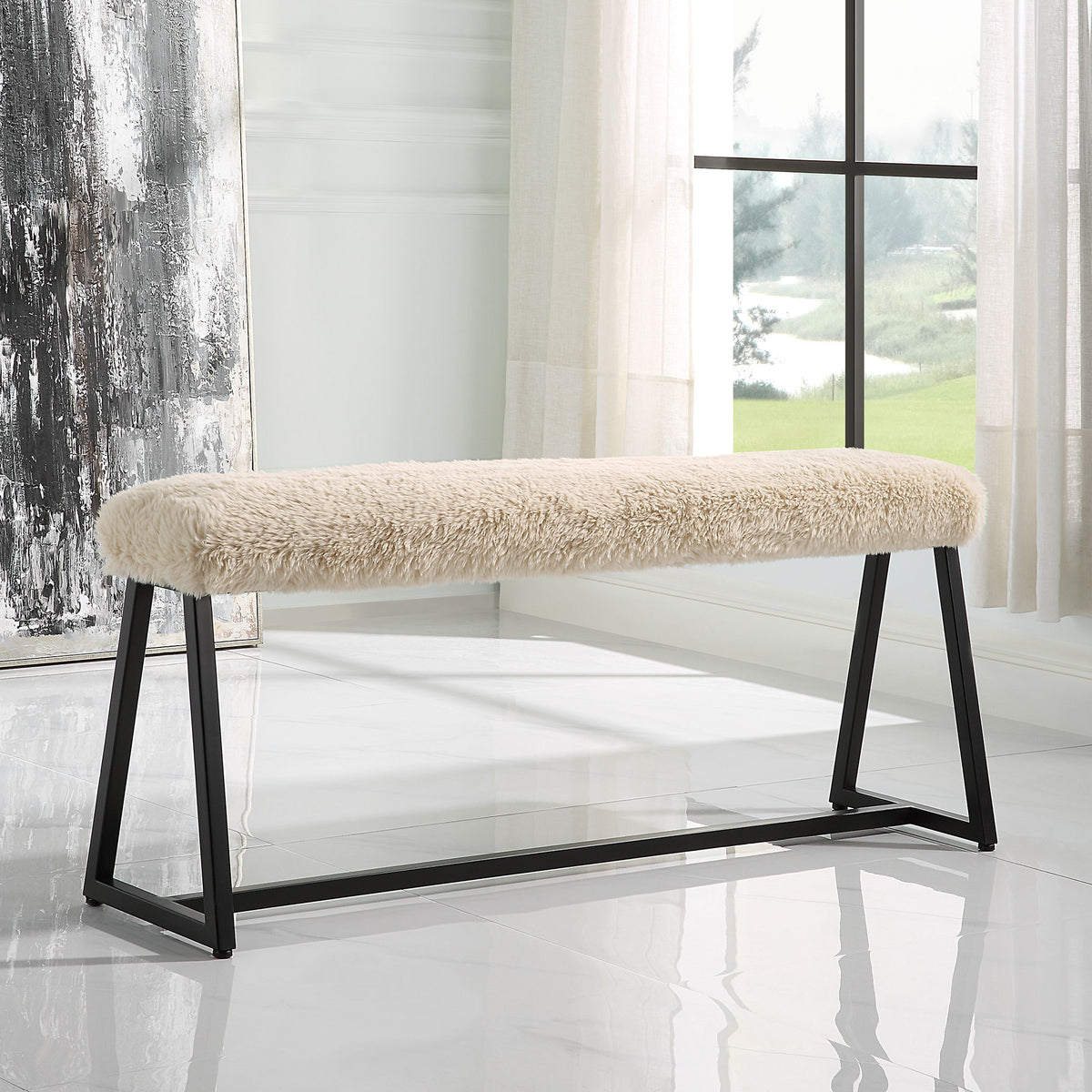 Taupo Sheepskin Bench - Beige / Black by Uttermost - View 2