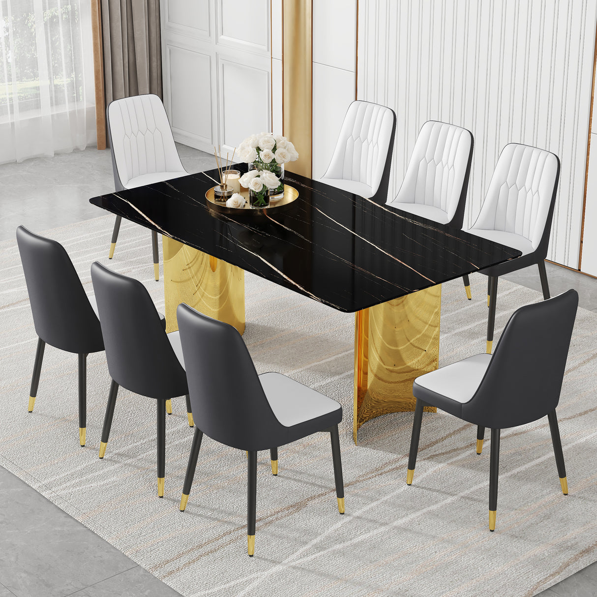 Table and chair set.The table has a glass top with imitation marble pattern stickers and stainless steel golden legs. Paried with 8 White and Dark Gray Spliced Color PU Dining Chairs.W1151S01559