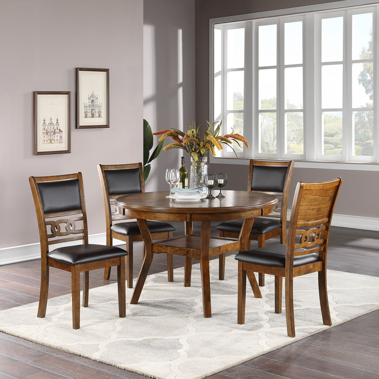 Contemporary Dining 5pc Set Round Table w 4x Side Chairs Walnut Finish Rubberwood Unique Design - sold by Home Elegance USA