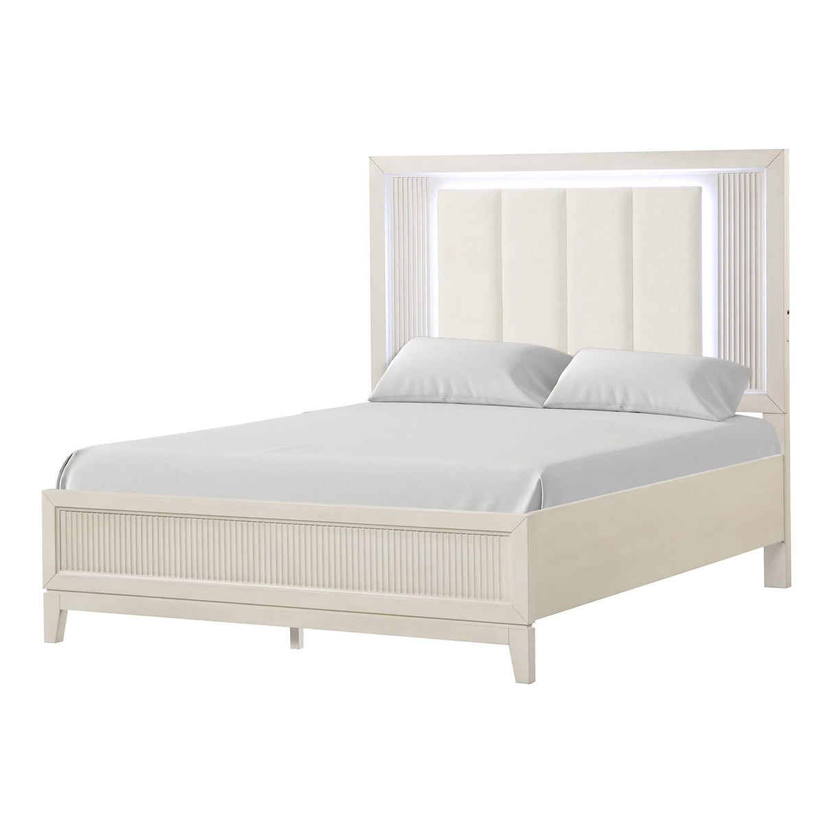 Contemporary 1pc Queen Size Bed LED Headboard Accent Fluted Design FB Bedroom Furniture Antique White