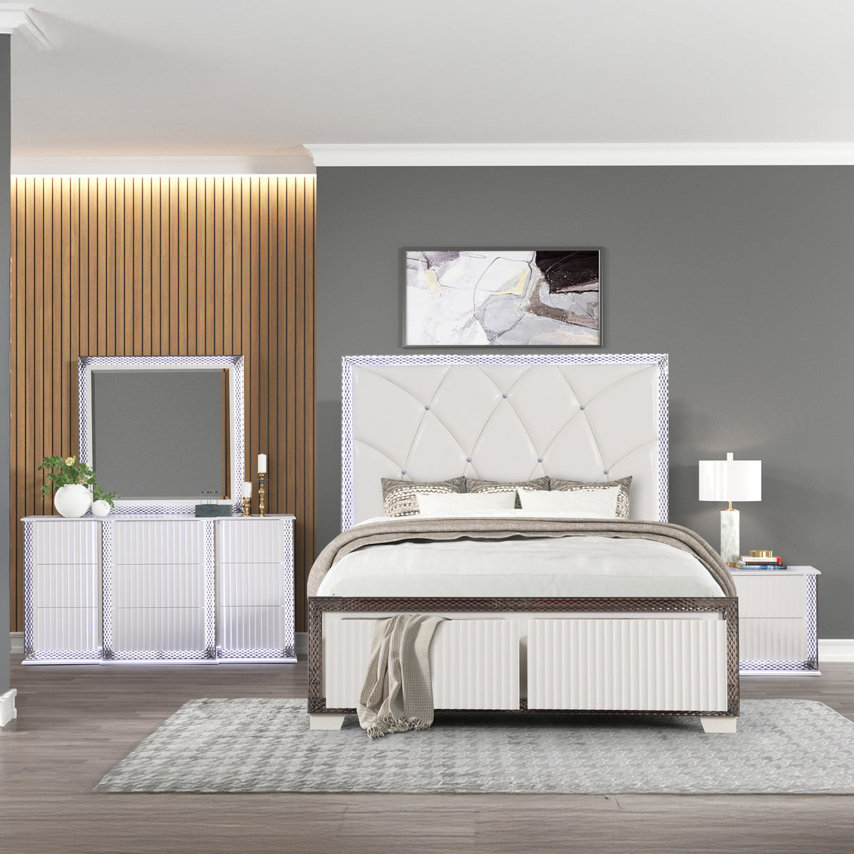 Fabio Contemporary Style King 4PC Bedroom set Made with Diamond-Shaped Side Accents, LED Lighting and Wood in White Finish(NJ INVENTORY)