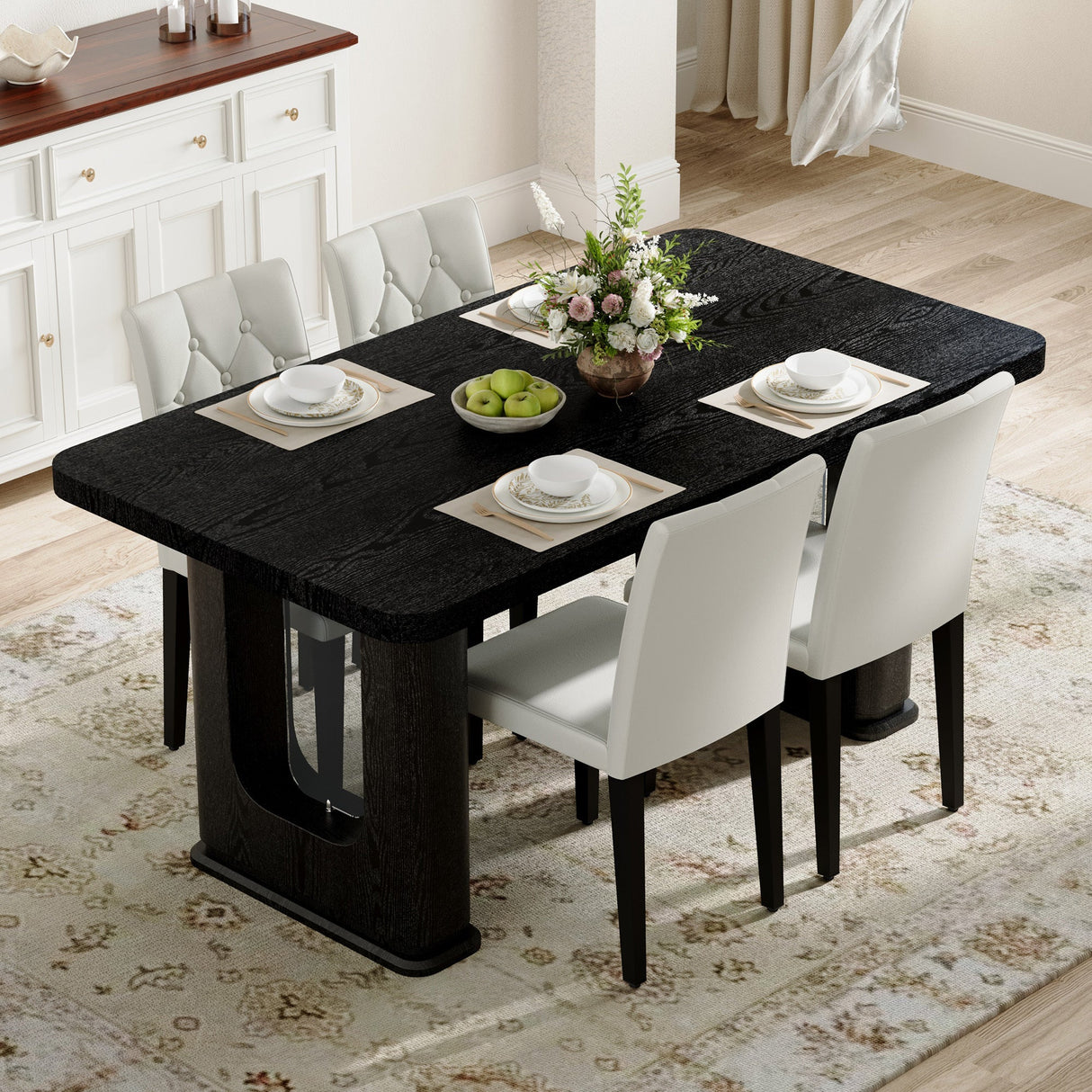Table and chair set.64.5 x 35.4 Inch Stylish Black Wood Color Textured Dining Table.4-pack white PU dining chairs: ergonomic buckle backrest.Exudes A Strong Sense Of Fashion. - sold by Home Elegance USA