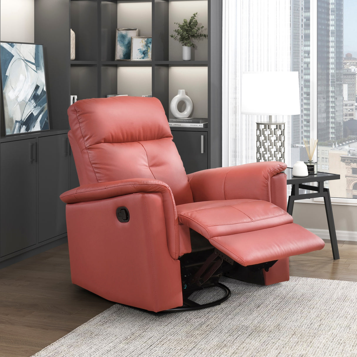 Red Leather Upholstered Swivel Glider Reclining Chair Luxury Living Room Furniture Comfort Chair 1pc Plush Comfort