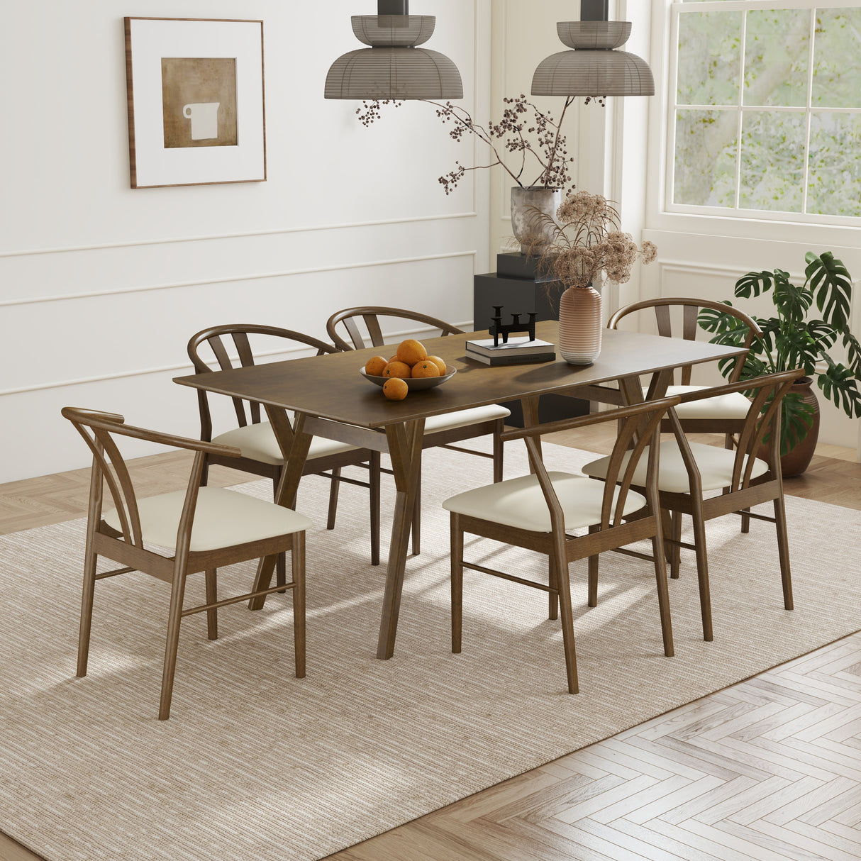 Lavin Modern 7-Piece Dining Set, Walnut Finished Dining Table with 6 Brown Wishbone Chairs