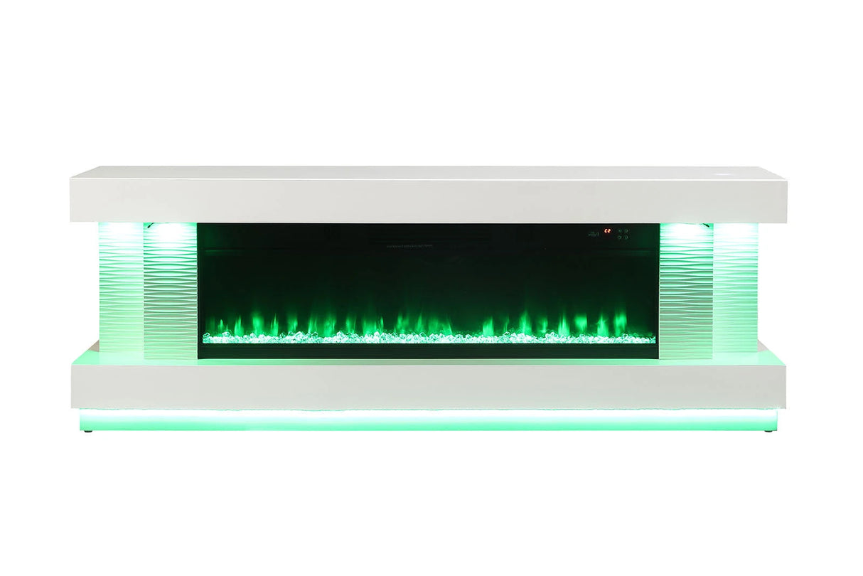 Contemporary Style TV Stand Electric Fire Place w/ Heater Included Fahrenheit & Celsius Display White Finish Primary Living Room - sold by Home Elegance USA