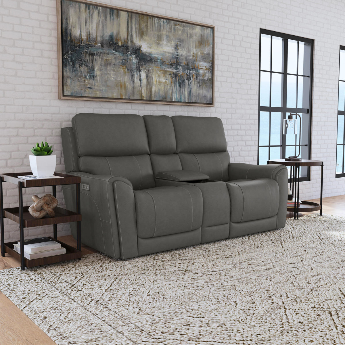 Carter Power Reclining Loveseat With Console & Power Headrests & Lumbar - Smoke | Flexsteel
