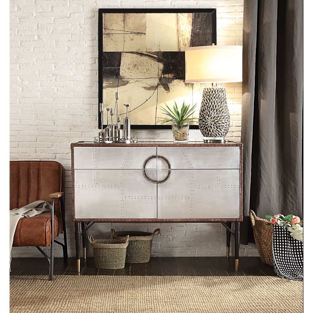 Brancaster Console Cabinet 90030 Top Grain Leather & Aluminum | Acme | Home Elegance USA