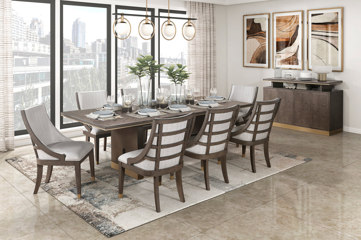 Juego de comedor moderno de lujo de 9 piezas con acabado marrón, mesa de comedor extensible y 8 sillones, muebles de cocina tapizados con ribete dorado.