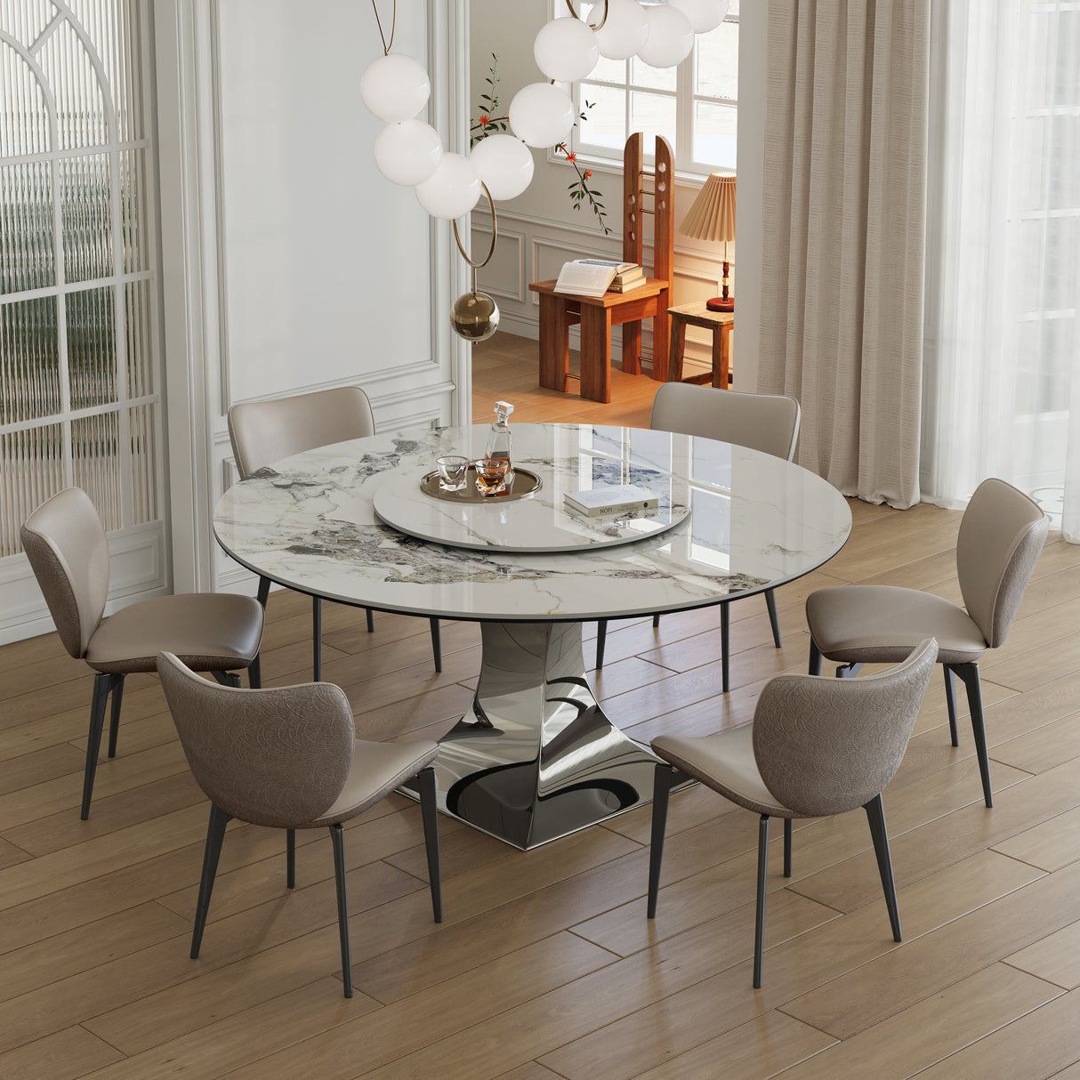 59' Round Sintered Stone Dining Table Set with Stainless Steel Black Titanium Hourglass Base & 6 Gray Padded Chairs – Modern Luxury Marble-Look Kitchen Table for 4-6, Scratch & Heat Resistant Surface