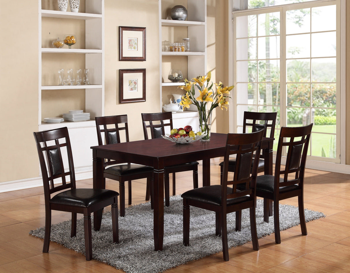 7-Pc Dinette Set Brown Espresso Finish Rectangular Table Faux Leather Upholstery Padded Lattice Design Side Chairs Dining Room Wooden Dining Set Furniture Contemporary Transitional Style - sold by Home Elegance USA