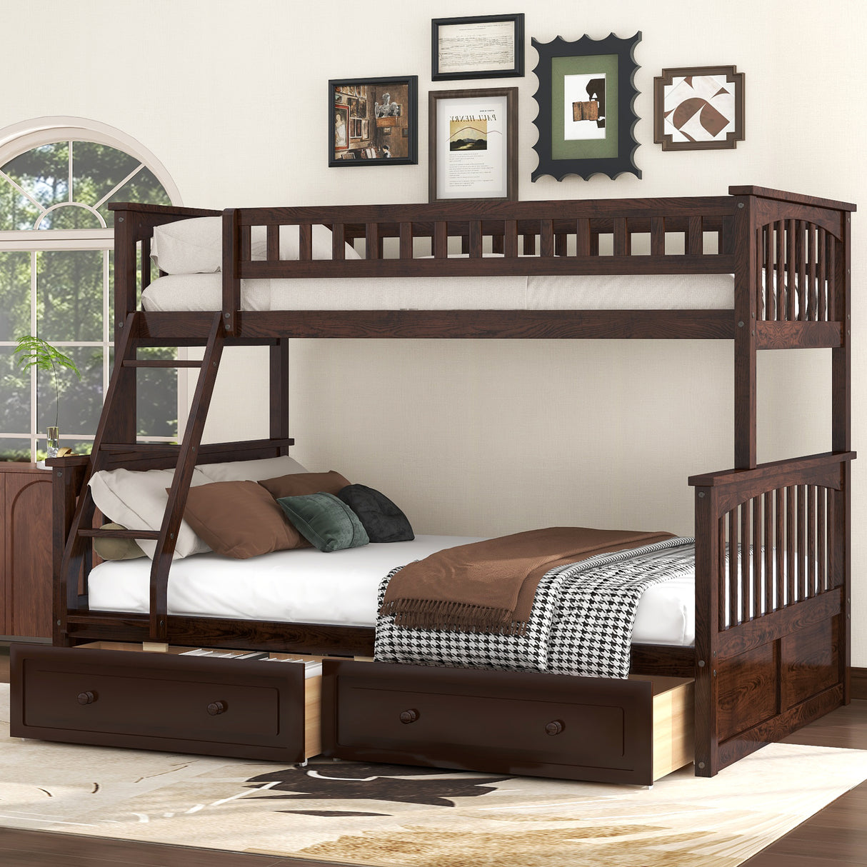 Espresso Twin over Full Bunk Bed with Drawers, Convertible Storage Bed in Solid Pine Wood and MDF