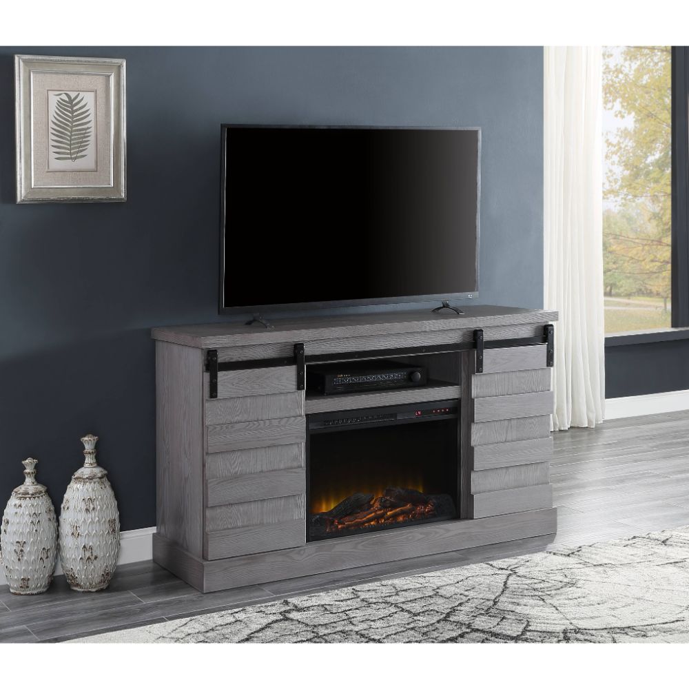 Amrita Tv Stand W/Fireplace 91616 Gray Oak Finish | Acme | Home Elegance USA