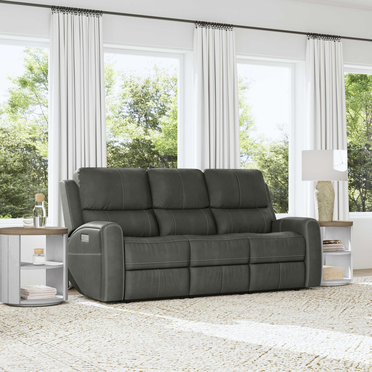 Linden Power Reclining Sofa With Power Headrests & Lumbar - Charcoal | Flexsteel