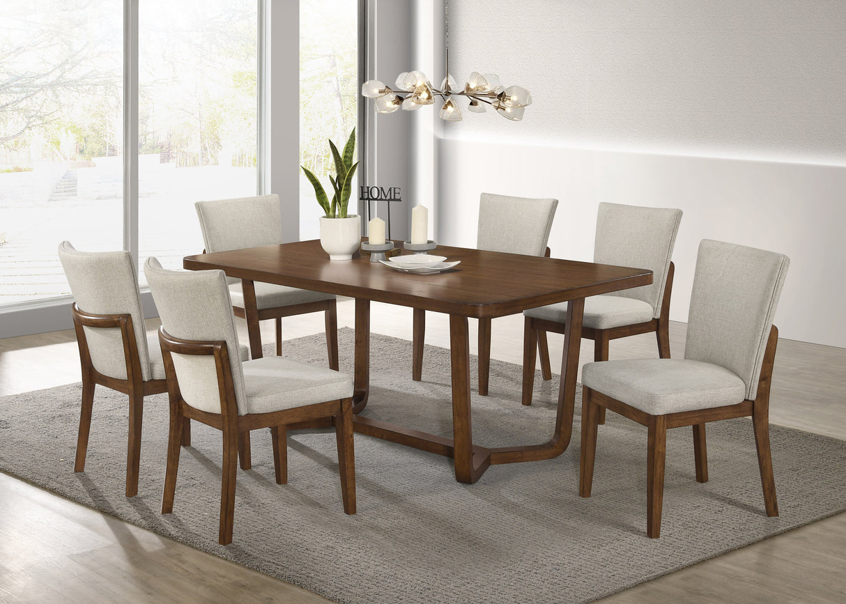 Mid-century Modern 7pc Dining Set Rectangular Unique Table Warm Wood Finish Upholstered Chairs Brown Wooden Dining Room Furniture