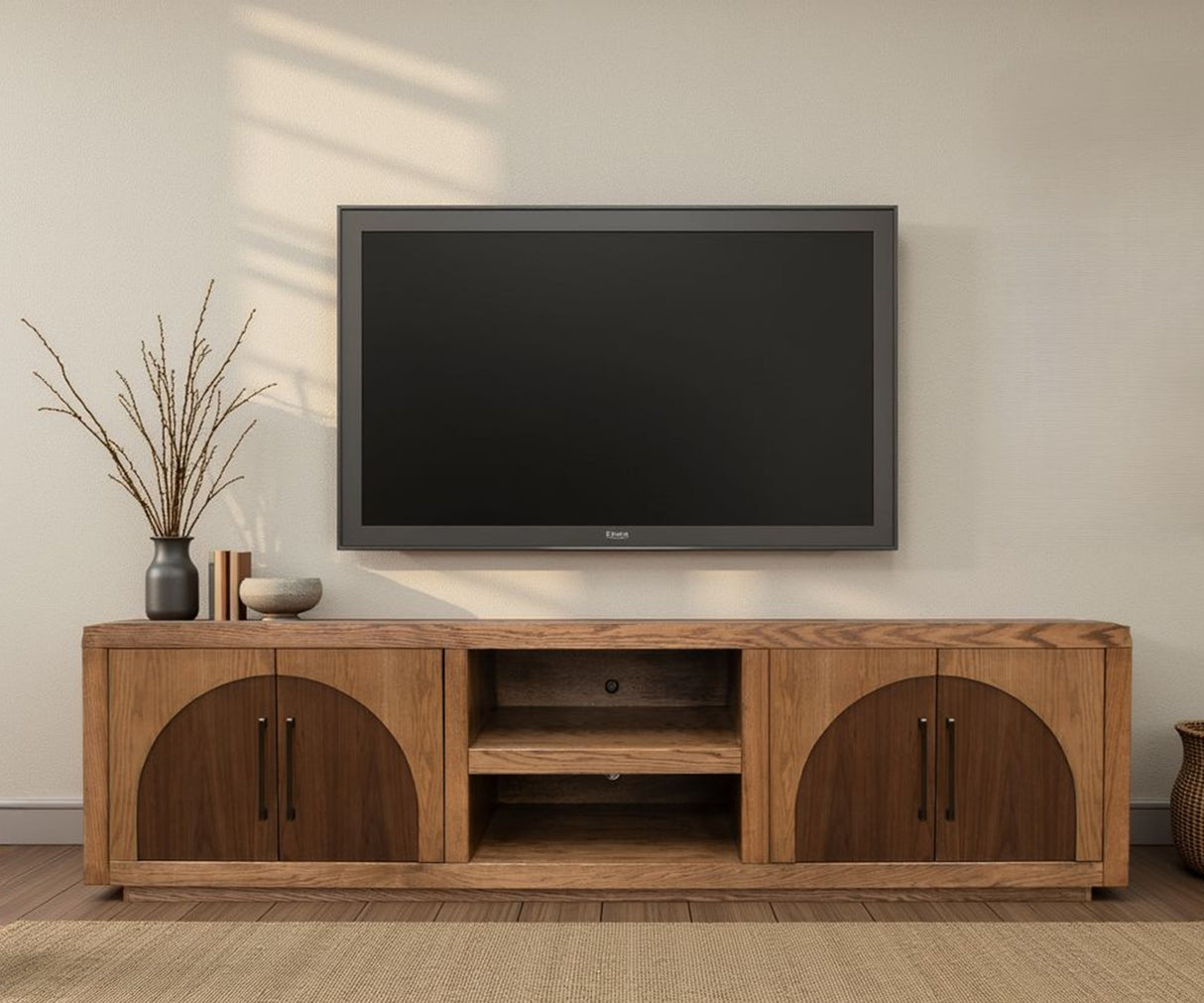 Consola para TV Eclipse de 92 pulgadas, para televisores de hasta 100 pulgadas, no requiere ensamblaje, acabado bourbon y nogal