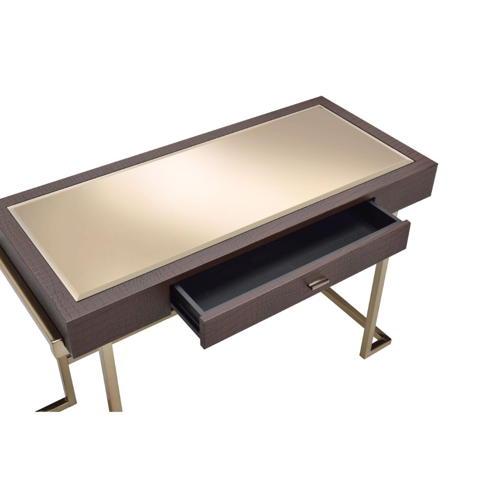 Boice Writing Desk 92336 Espresso Synthetic Leather & Champagne Finish | Acme | Home Elegance USA
