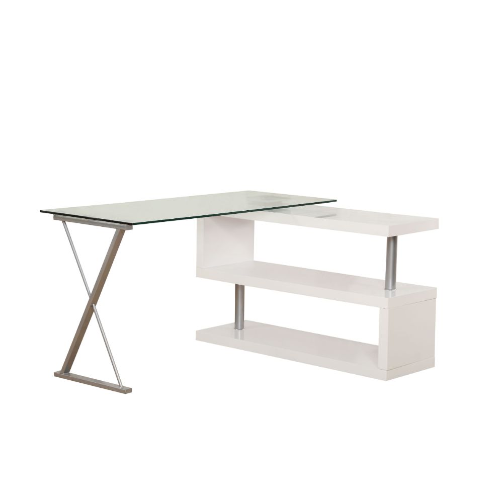 Buck Writing Desk W/Swivel 92368 Clear Glass Top & White High Gloss Finish | Acme | Home Elegance USA