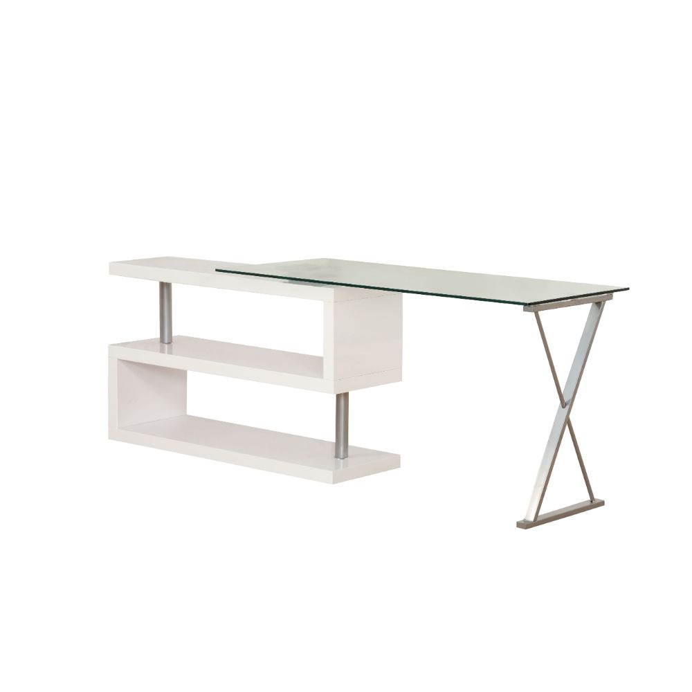 Buck Writing Desk W/Swivel 92368 Clear Glass Top & White High Gloss Finish | Acme | Home Elegance USA