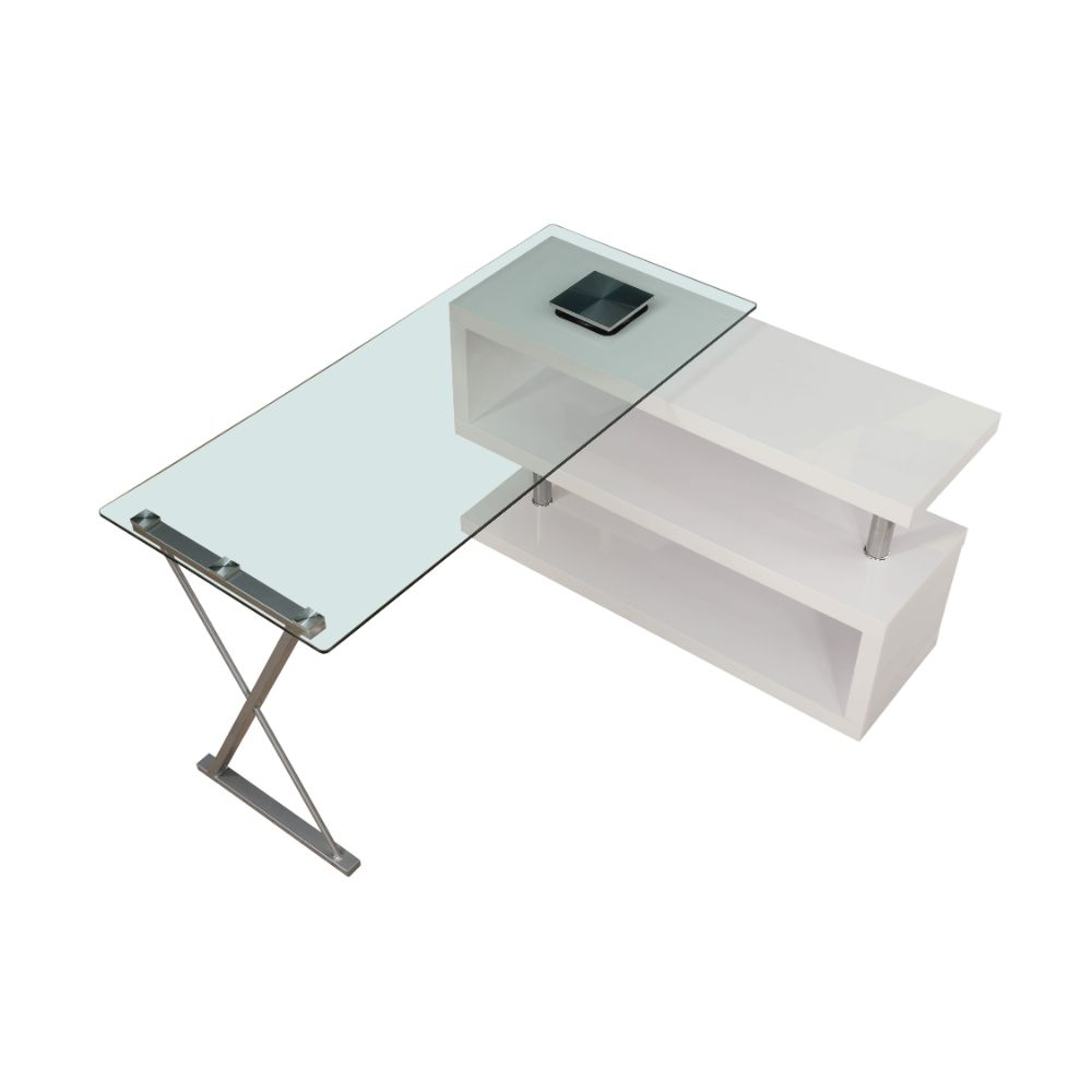 Buck Writing Desk W/Swivel 92368 Clear Glass Top & White High Gloss Finish | Acme | Home Elegance USA