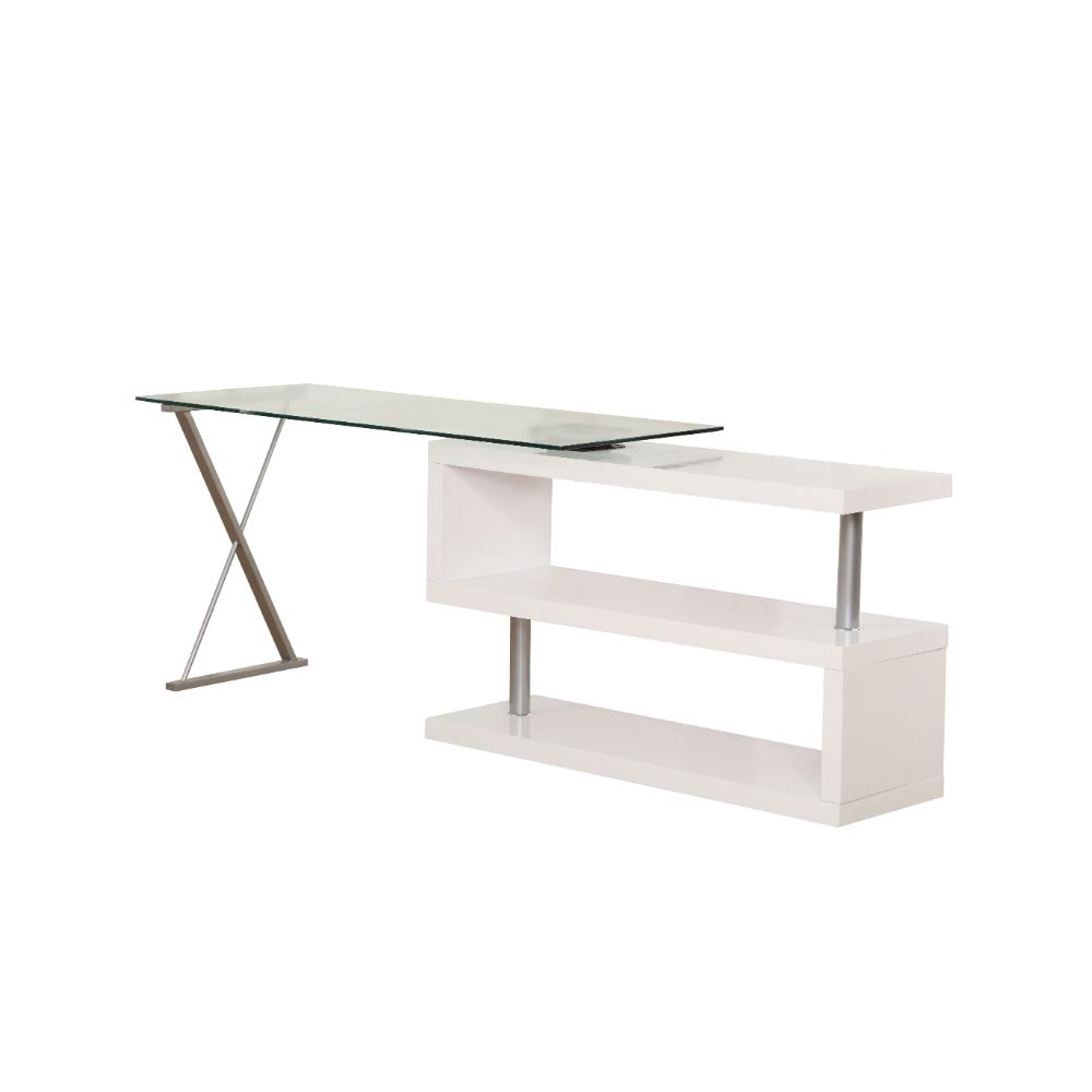 Buck Writing Desk W/Swivel 92368 Clear Glass Top & White High Gloss Finish | Acme | Home Elegance USA