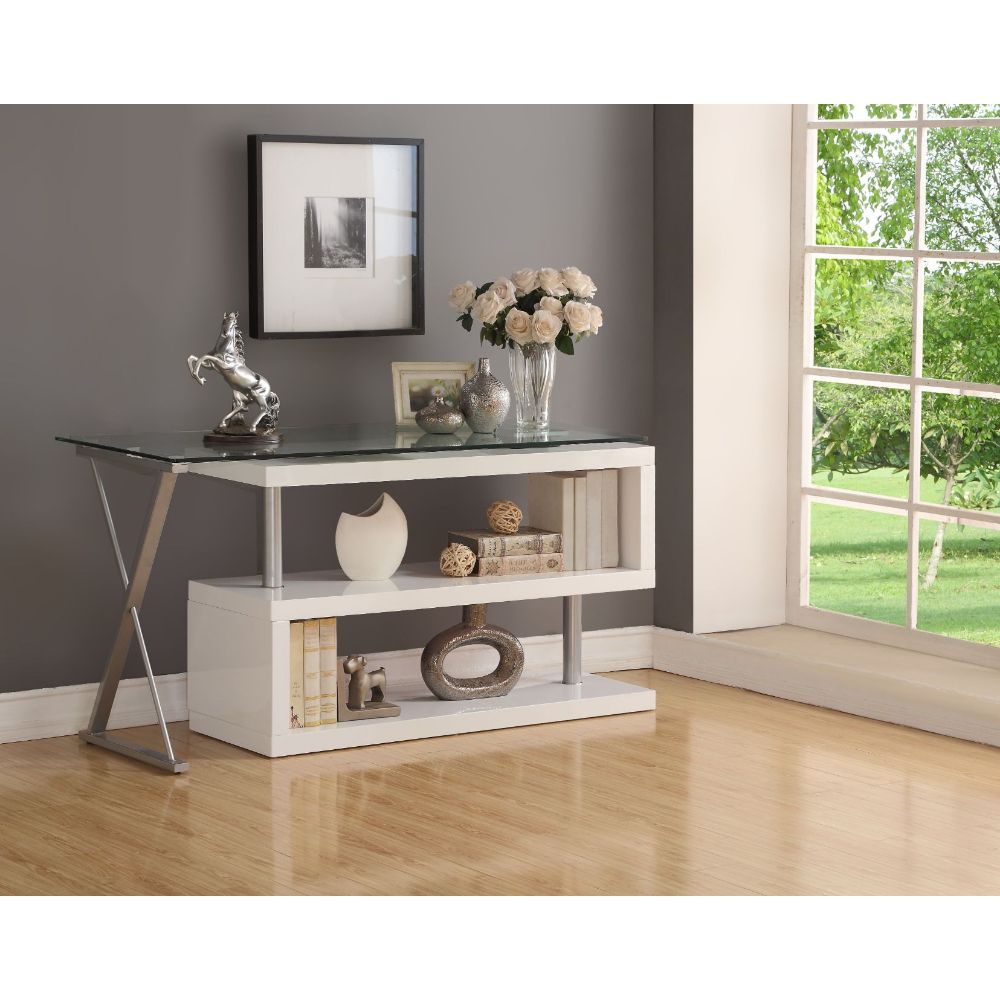 Buck Writing Desk W/Swivel 92368 Clear Glass Top & White High Gloss Finish | Acme | Home Elegance USA