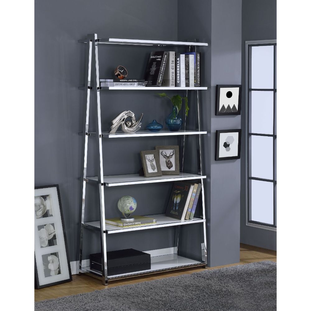 Acme - Coleen Bookshelf 92455 White High Gloss & Chrome Finish
