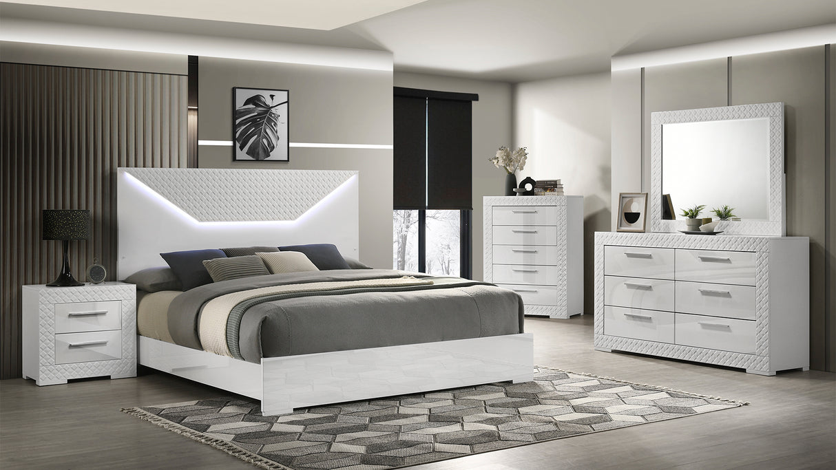 Blanca Modern Style 5 Pc King Bedroom Set with LED Headboard Made with Wood in White