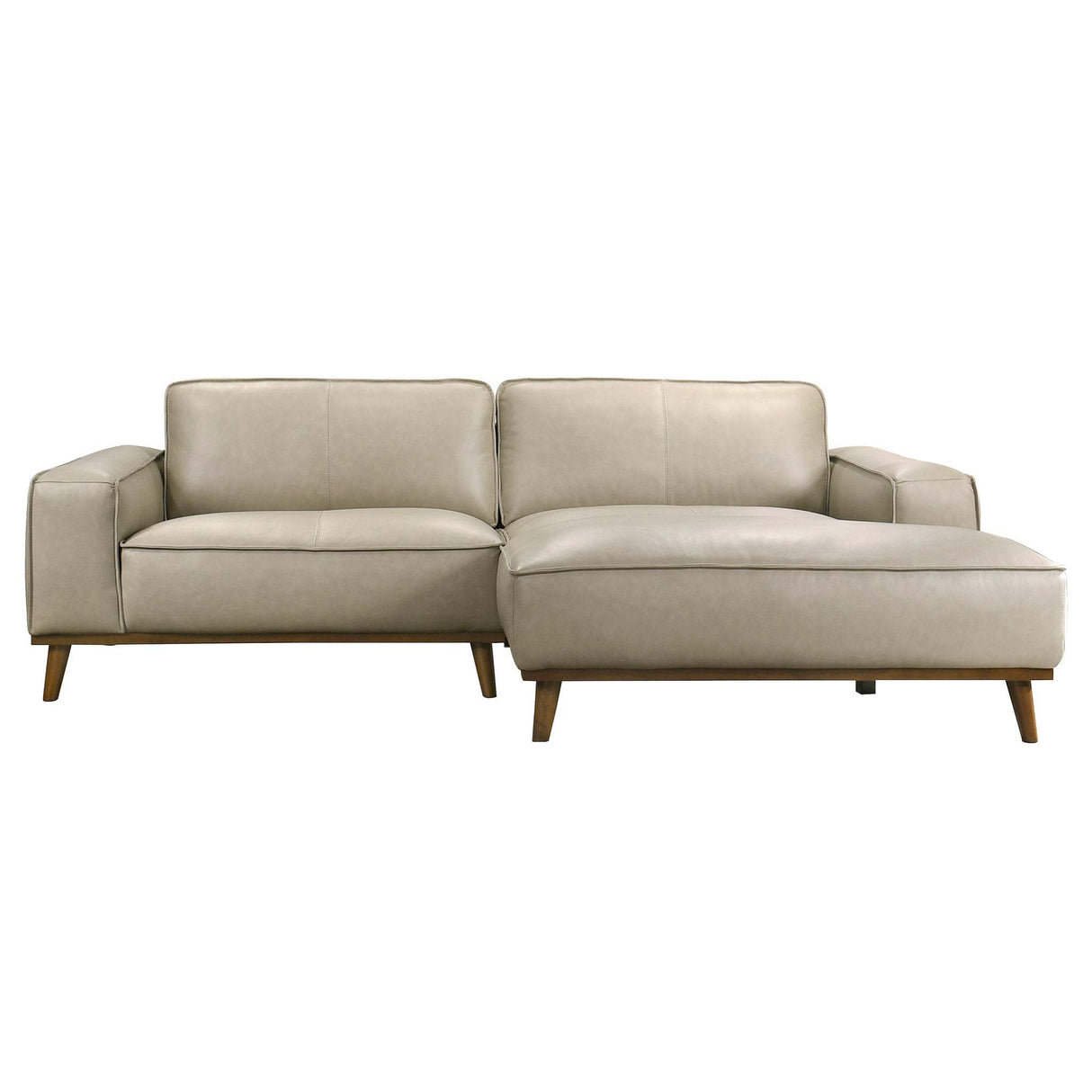 Kerrville Beige Leather Right Sectional Sofa with Chaise - Mid-Century Modern Style, Genuine Top Grain Leather, Walnut-Finished Wood Legs