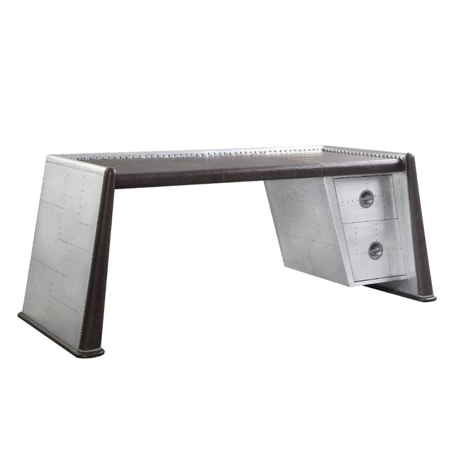 Brancaster Executive Writing Desk 92855 Distress Chocolate Top Grain Leather & Aluminum | Acme | Home Elegance USA