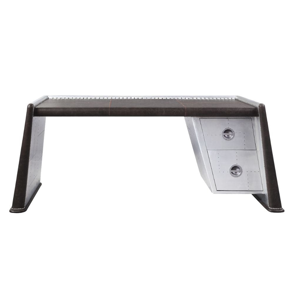 Brancaster Executive Writing Desk 92855 Distress Chocolate Top Grain Leather & Aluminum | Acme | Home Elegance USA
