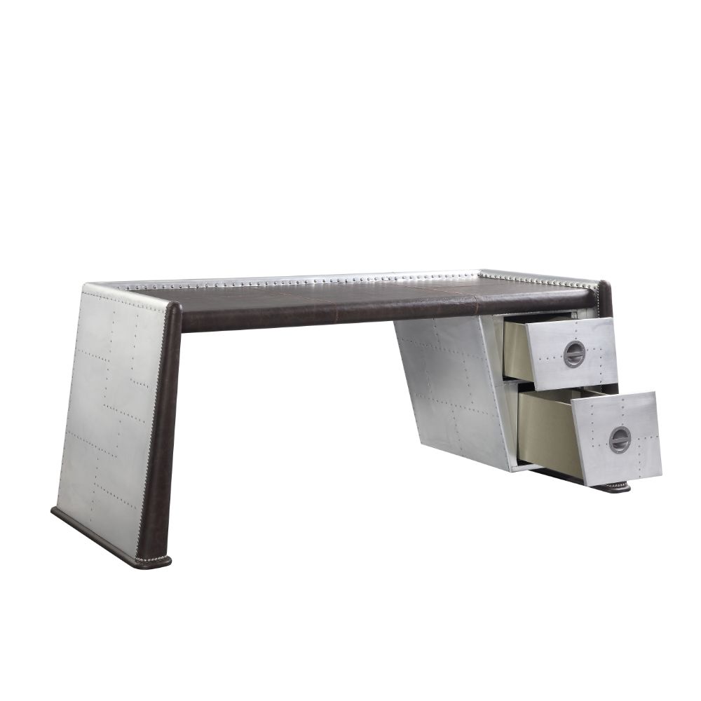Brancaster Executive Writing Desk 92855 Distress Chocolate Top Grain Leather & Aluminum | Acme | Home Elegance USA