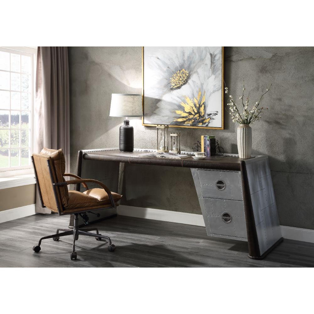 Brancaster Executive Writing Desk 92855 Distress Chocolate Top Grain Leather & Aluminum | Acme | Home Elegance USA