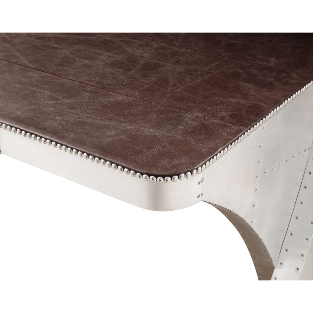 Brancaster Executive Writing Desk 92857 Retro Brown Top Grain Leather & Aluminum | Acme | Home Elegance USA
