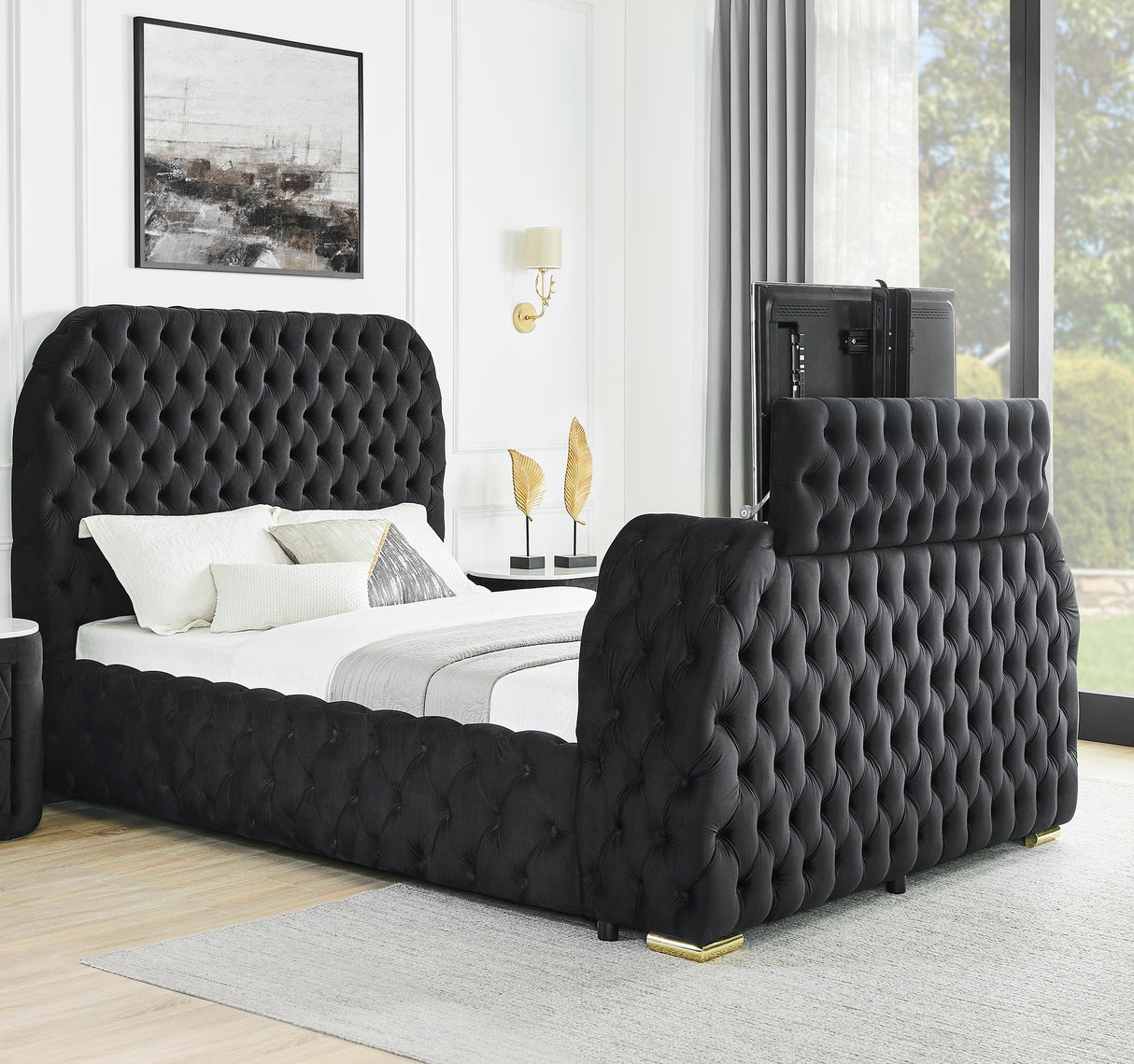 1pc Luxurious Comfort Innovative Design Queen Bed Deeply Tufted Headboard Upholstered Black Velvet Television Lift Built-in Electric Fireplace Bedroom Furniture