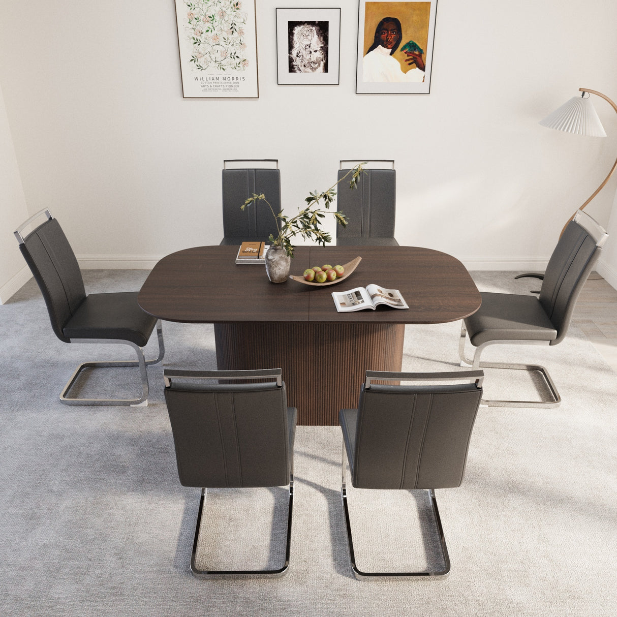 63 'medieval modern brown style MDF dining table and PU armless dining chair set 6. Assemble Desktop and Silver plated metal leg dining chair set, suitable for home&kitchen