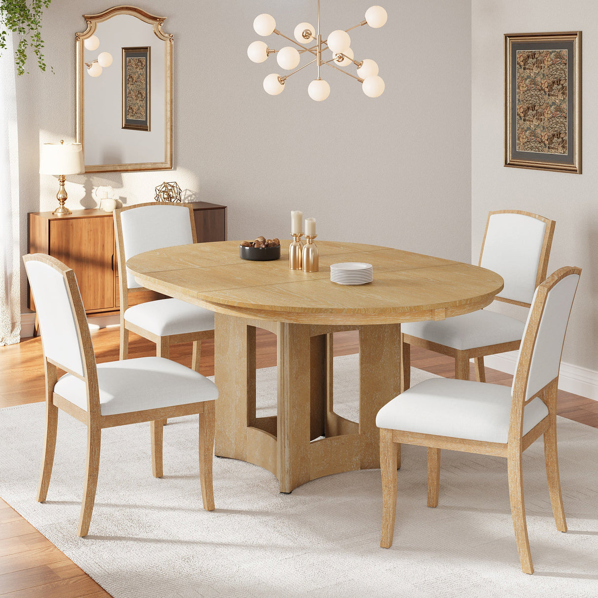 TOPMAX Farmhouse Extendable Round Dining Table Set for 4, 5-Piece Kitchen Table Set with 4 Upholstered Chairs and 16inch Removable Leaf for Small Places, Natural+Beige - sold by Home Elegance USA