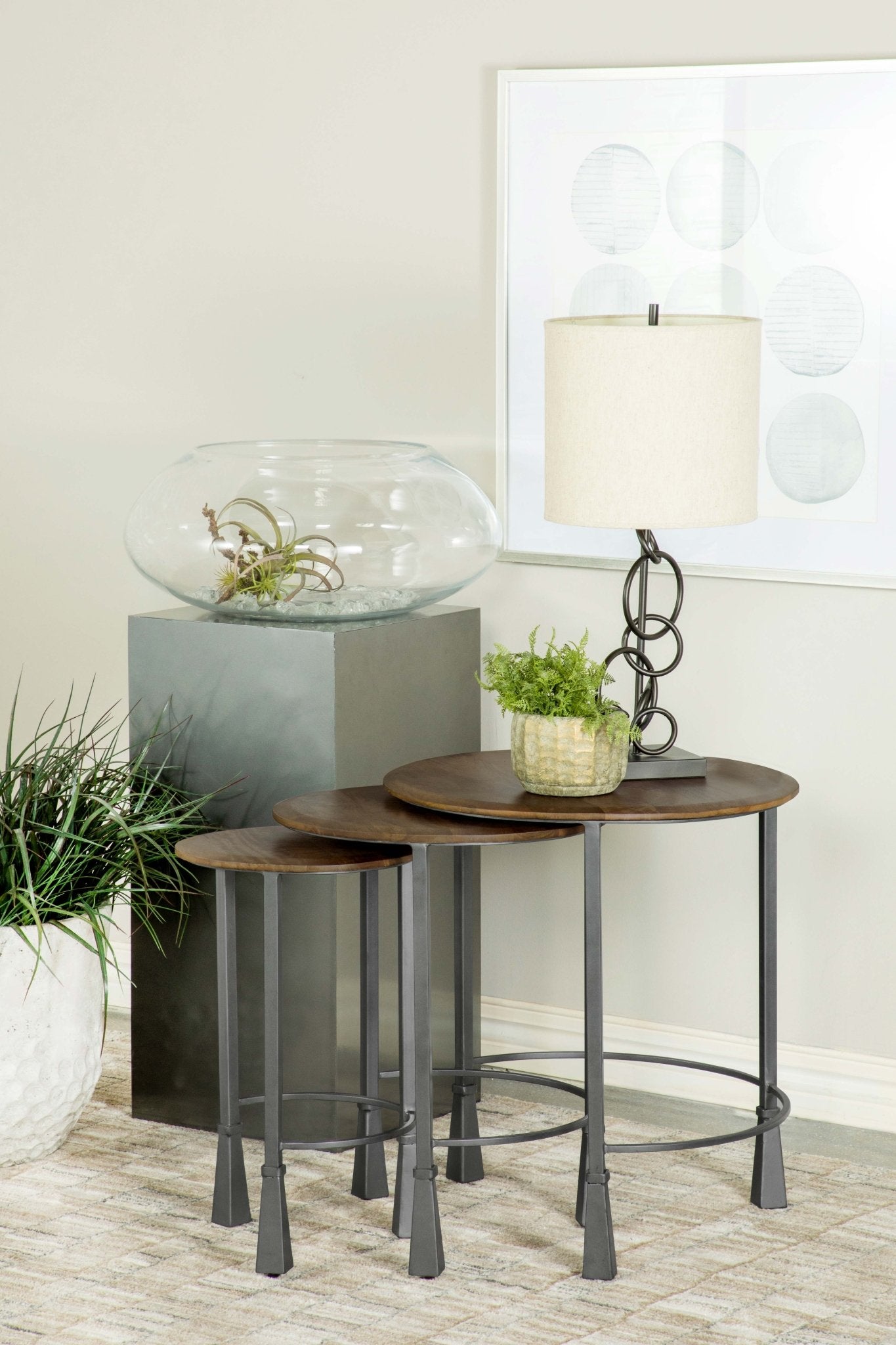 Deja 3 - piece Round Nesting Table Natural and Gunmetal | Coaster | Home Elegance USA