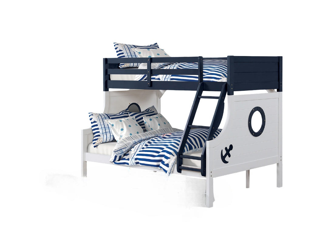 Twin Over Full Bunk Bed Modern Novelty Style Attached Ladder Upper Bed Rails And Lock Joint Structure For Safety Slat Kit Blue / White Finish - sold by Home Elegance USA